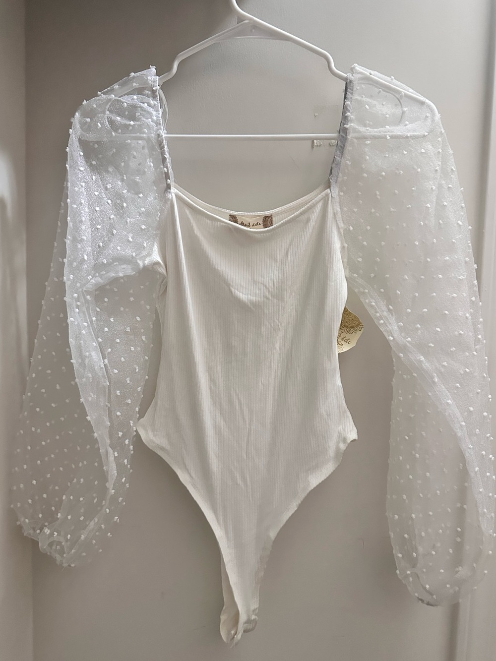Altar'd State White Sheer Dotted Puff Sleeve Bodysuit